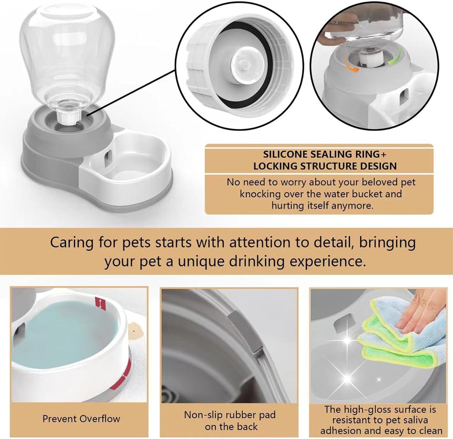 1 Gallon Automatic Dog Water Bowl Dispenser - Staltwo Premium Pet Water Dispenser with Non-Slip Mat,Large Capacity Water Feeder for Cats and Dogs, BPA-Free,1 Gallon Grey
