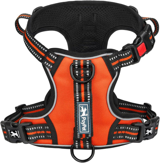 PoyPet No Pull Dog Harness, No Choke Front Clip Reflective Dog Vest with Soft Padded Vertical Handle, 3 Leash Attachments for Small Medium Large Dogs (Orange,M)