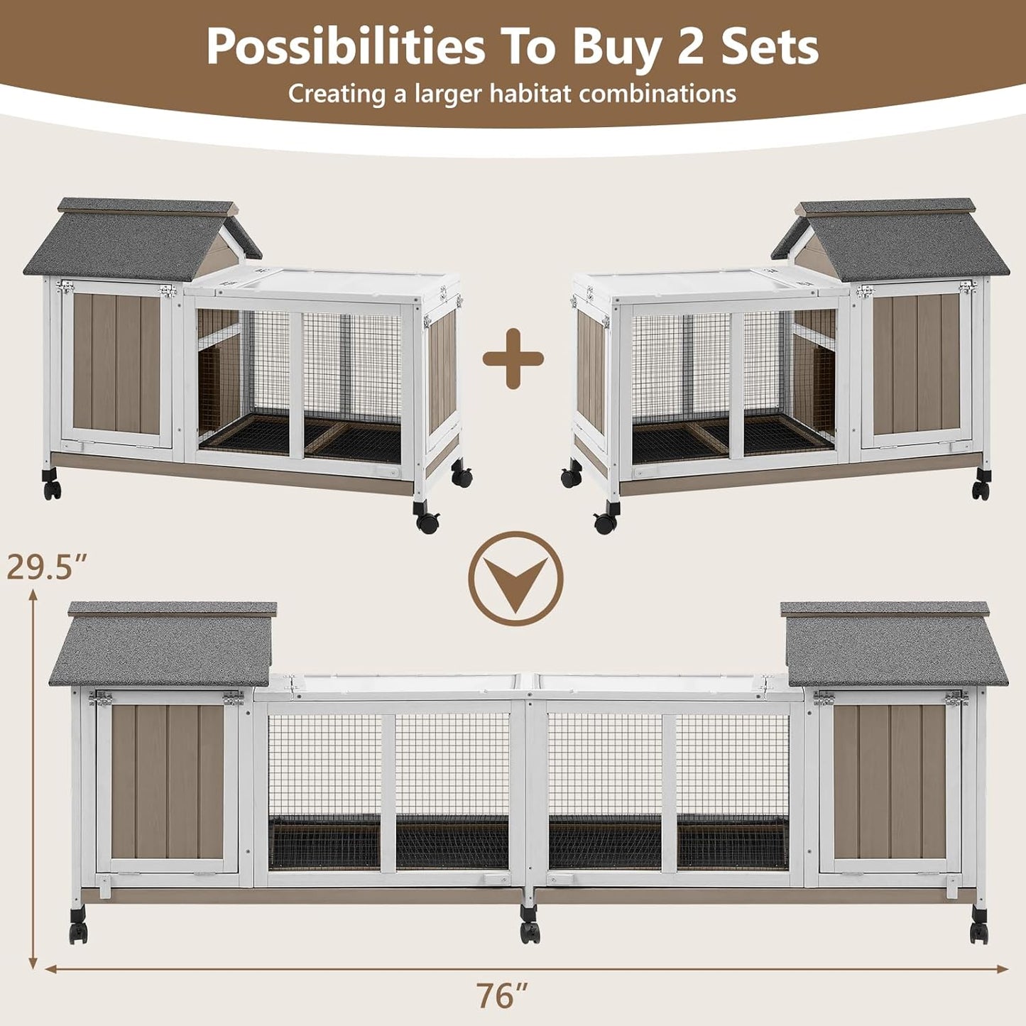 76''L Rabbit Hutch Outdoor Indoor with Wheels, Wooden 2 Story Bunny House Rabbit Cage with Run, Waterproof Roof, Pull Out Tray, Guinea Pig Cage Chicken Coop for Small to Medium Pets