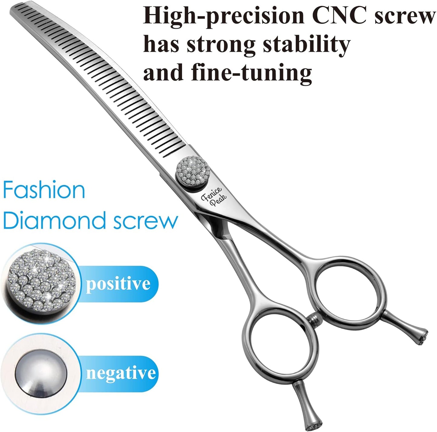 Fenice Peak 7.5‘’ Curved Thinning Dog Grooming Scissors with Jewelled Screw 440C Stainless Steel Pet Grooming Bulking Shears with Symmetrical Handle and Decorative Tail Nails Fluffy Scissors