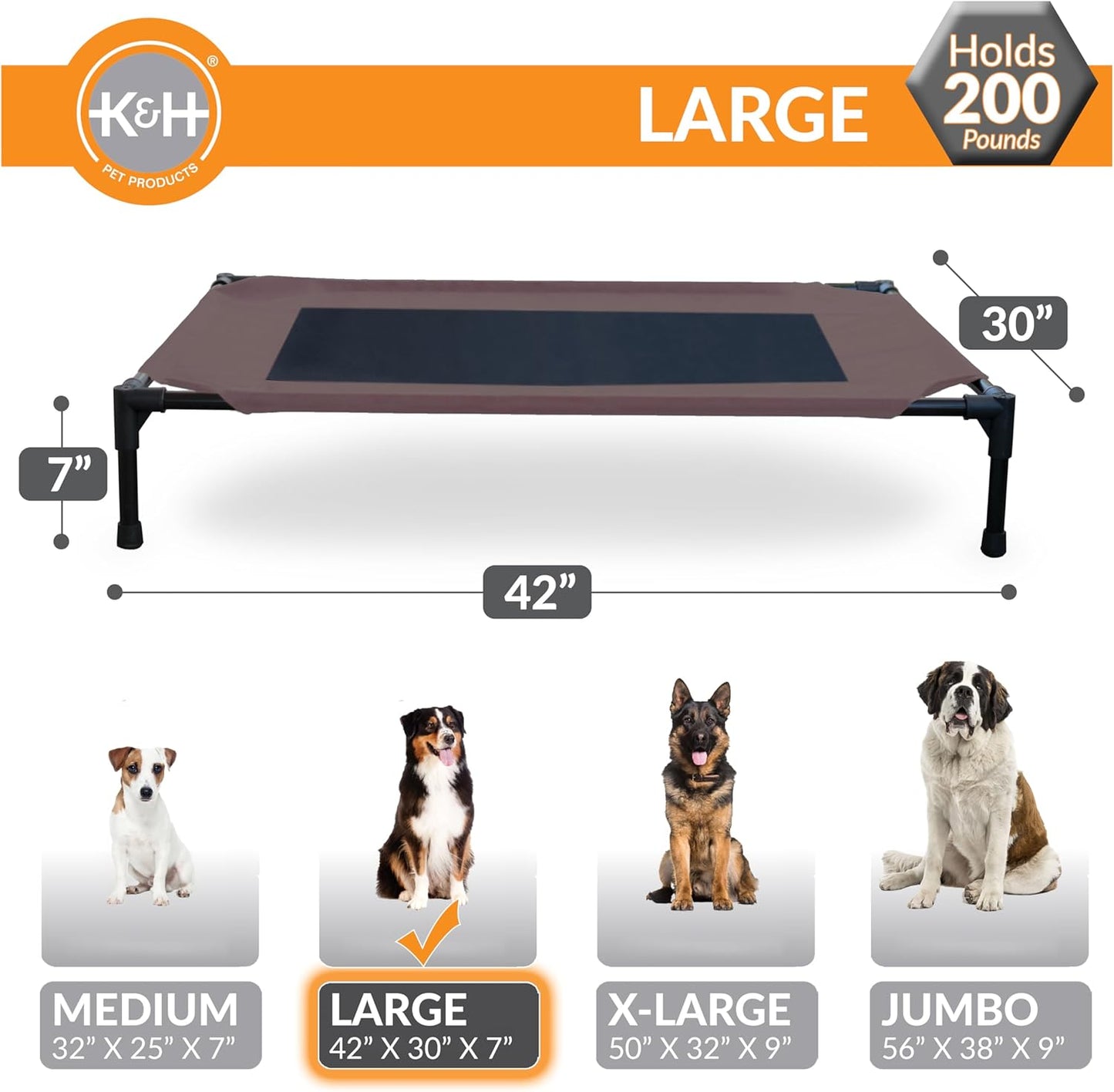 K&H Pet Products Outdoor Elevated Dog Cot, Breathable Cooling Elevated Cot Hammock Pet Bed for Large Dogs, Washable Mesh Cover, Raised Metal Frame, Collapsible, Portable - Large 42 X 30in Chocolate