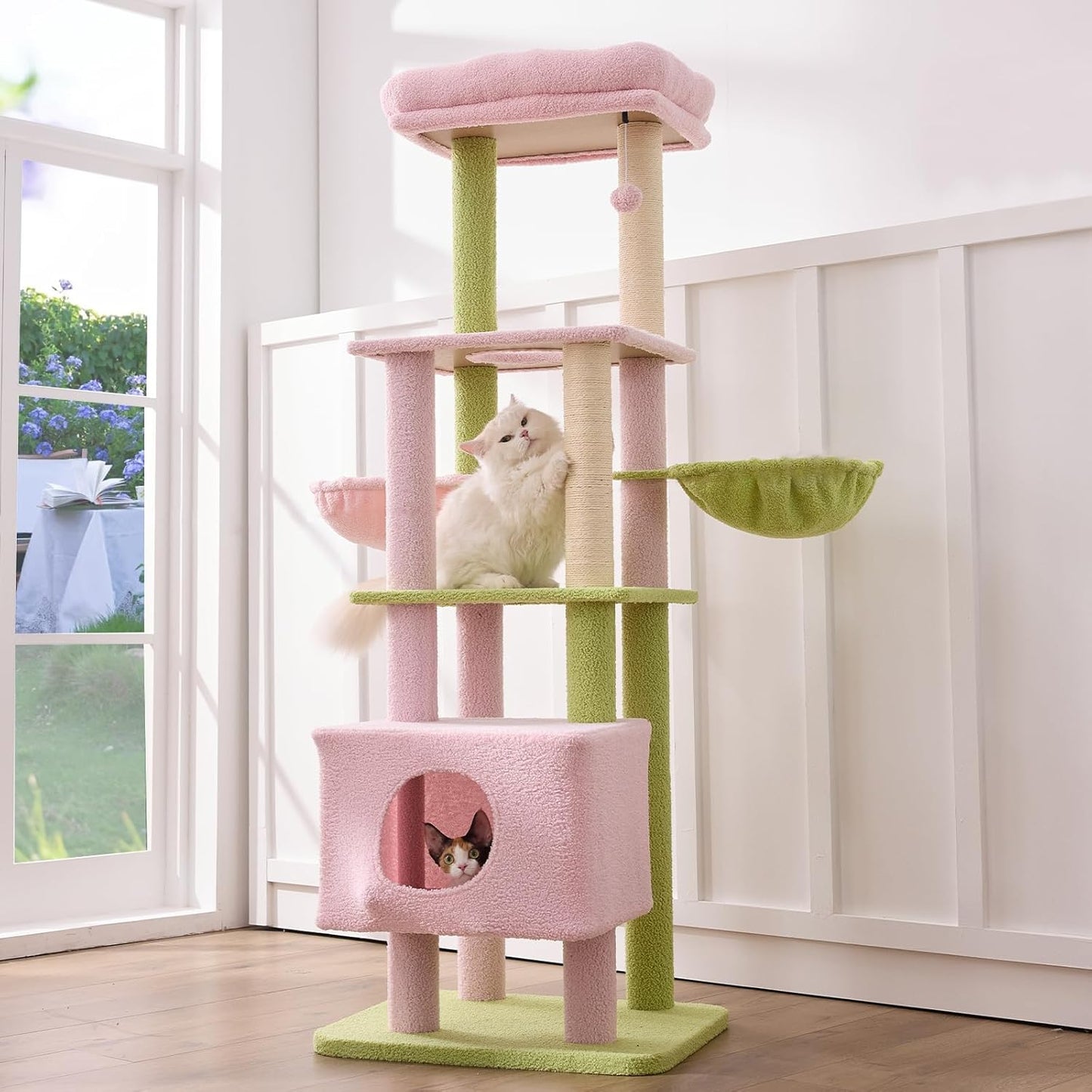 Gardner Pet 65in Heavy Duty Cat Tree Tower for Large Cats, Multi-Level Cat Furniture with Replaceable Sisal Scratching Post, Hammock | Extra-Large Platform & Condo (Pink&Green, Basic φ:2.84")