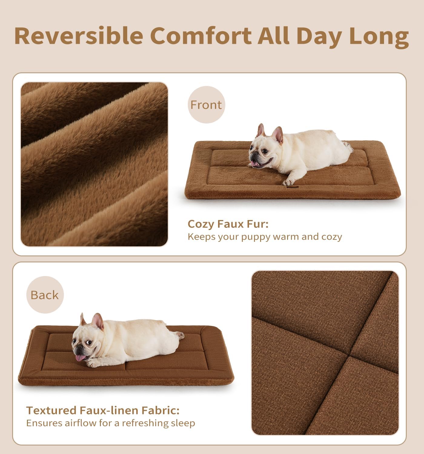 Made4Pets Dog Crate Pad Bed for Medium Large Dogs, Washable & Reversible, Anti-Slip Kennel Mat for Cozy Sleeping, Soft Fluffy Dog Bed for Indoor & Outdoor Use, 35"x23", Brown