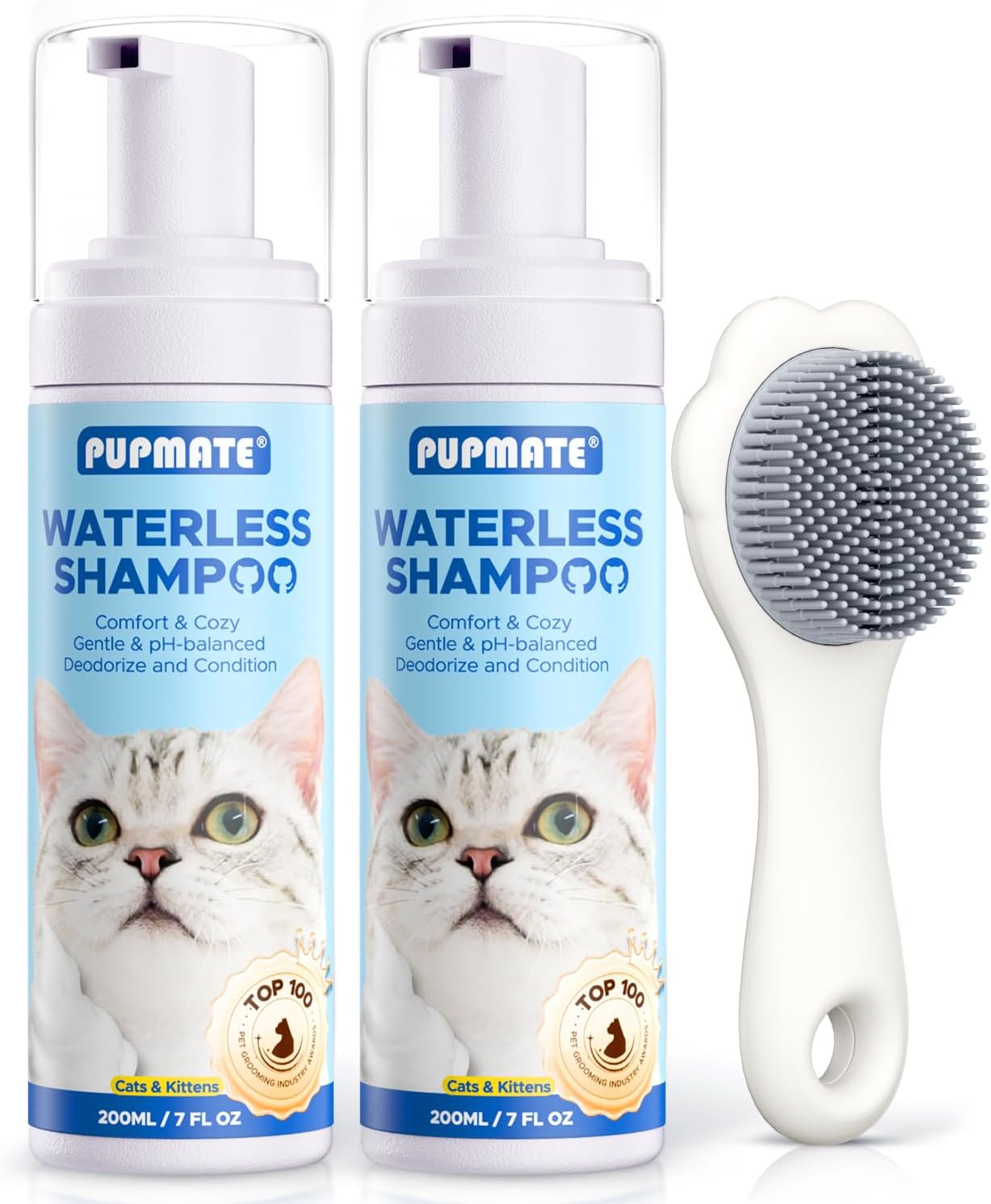 Waterless Cat Shampoo with Cat Brush - No Rinse Foam Dry Shampoo | Deep Cleansing Relieves Itchy Skin & Shedding | Gentle, pH-Balanced for Kittens Sensitive Skin | Specifically for Cat Bath | 7 oz*2