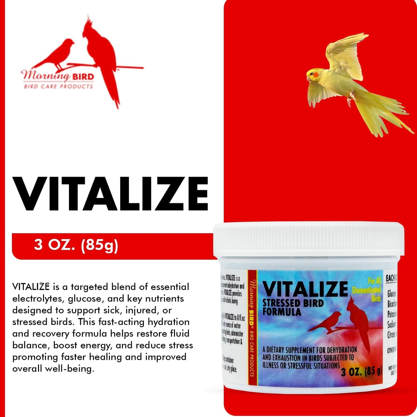 Morning Bird Vitalize, Supplement for Sick, Injured, or Stressed Caged Birds; Dehydration and Exhaustion Treatment for Parakeets, Cockatiels, Budgies, Finches, Canaries, and Parrots, 3 oz