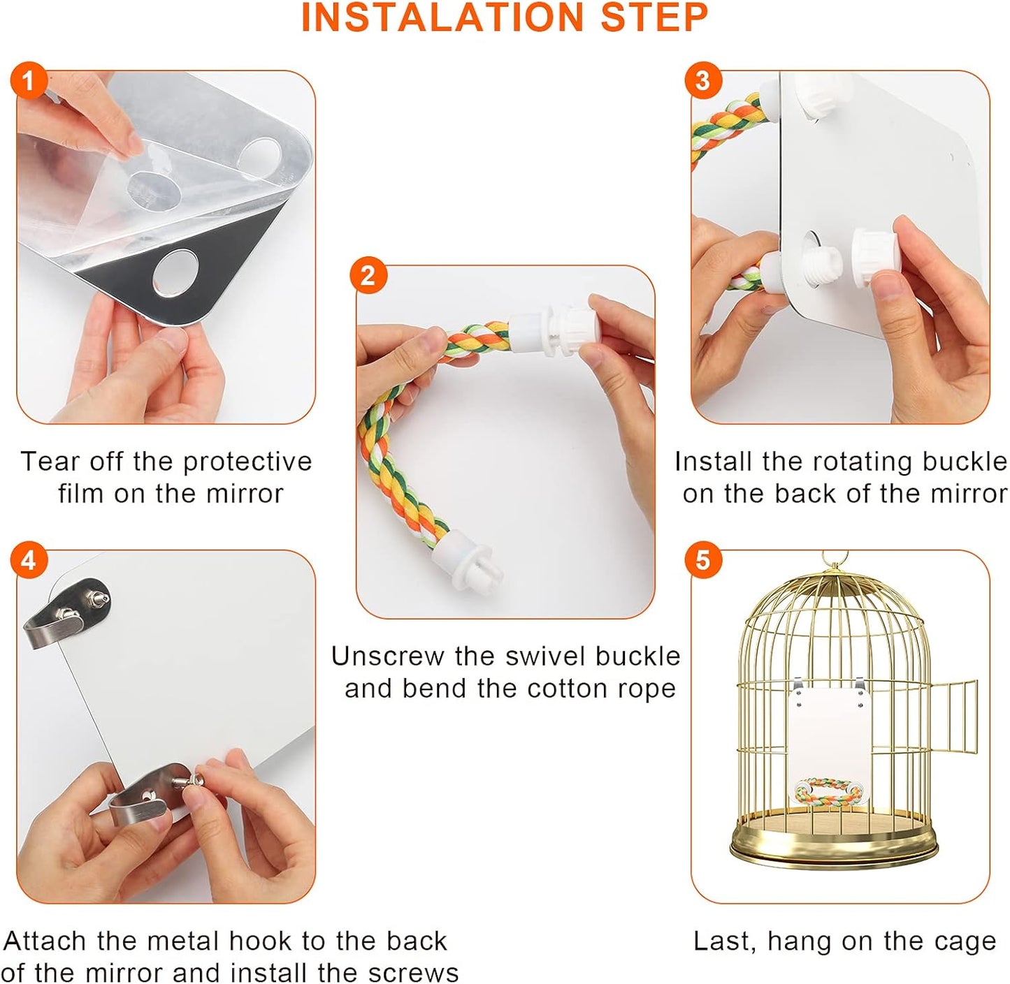 AHIER 7 Inch Bird Mirror with Rope Perch, Bird Toys Swing Parrot Grinding Stone with Bell for Parakeet Cockatoo Cockatiel Lovebirds Canaries