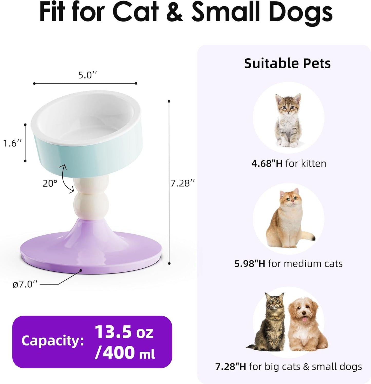 Ceramic Elevated Raised Cat Bowls,3 Heights Adjustable Raised Dog Bowl Stand for Indoor Cats and Small Dogs,15° Tilted Cat Food Feeding Dishes，Adjusts to 4.69", 5.98", 7.28" (Pink & White)