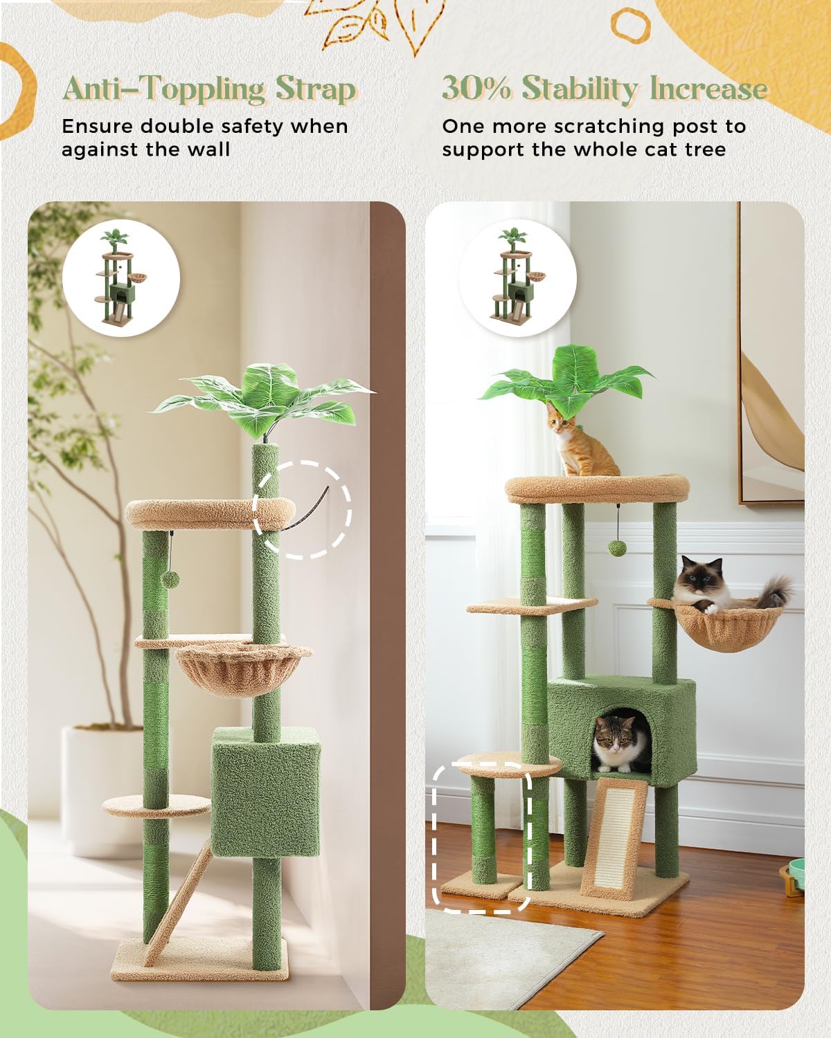 PEQULTI 53'' Cat Tree for Indoor Cats, Large Condo, Sisal Scratching Posts, Hammock & Perch, Fresh Cactus Design, Sturdy, Multi-Level