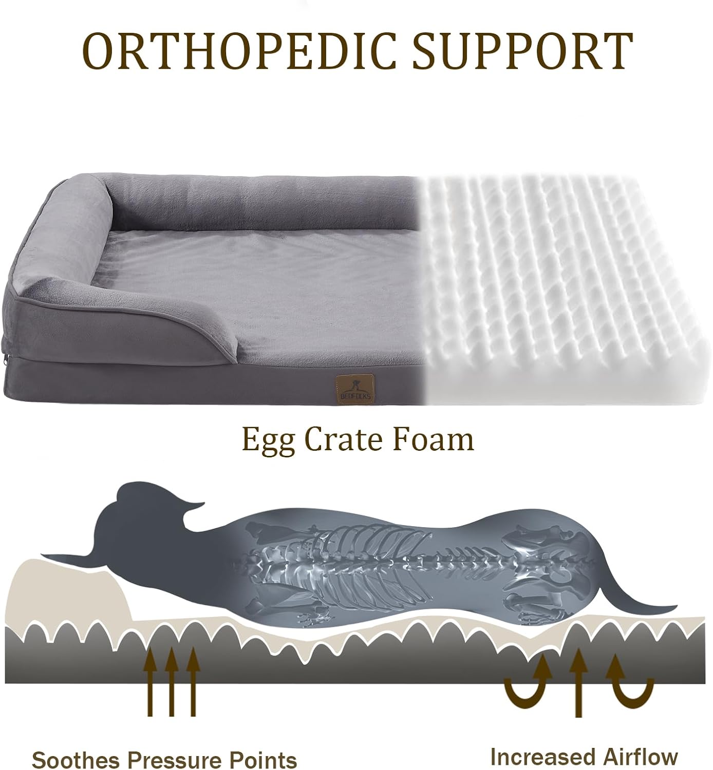 Bedfolks Orthopedic Dog Bed, Waterproof Dog Sofa Bed for Medium Dogs, Egg Foam Pet Couch Bed with Removable Washable Cover and Nonslip Bottom, Dark Grey