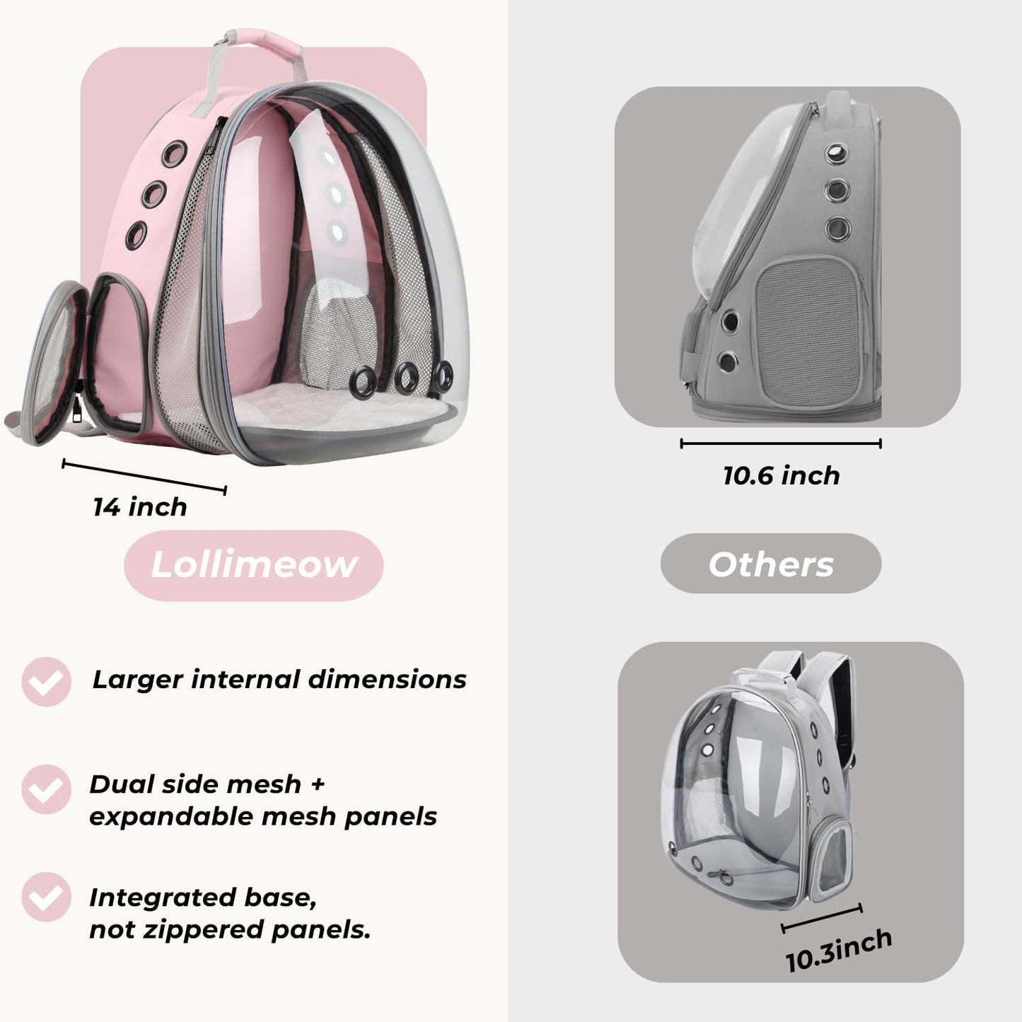 Lollimeow Cat Carrier Backpack, Bubble Expandable Backpack Carrier, Pets and Small Dogs,Airline-Approved, Designed for Travel, Hiking, Walking & Outdoor Use (Front Expandable-Pink)