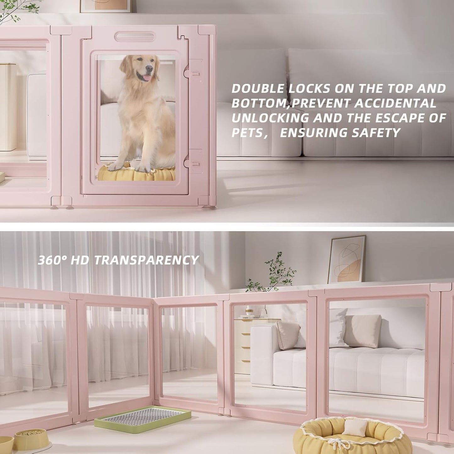DIY Clear Acrylic Dog Playpen House,Quick Easy Assembly and Disassembly,Strong Floor Suction,Indoor and Outdoor Use,Easy Cleansing Puppy Fence (Skin Pink, 30.3" H, 10PCS)