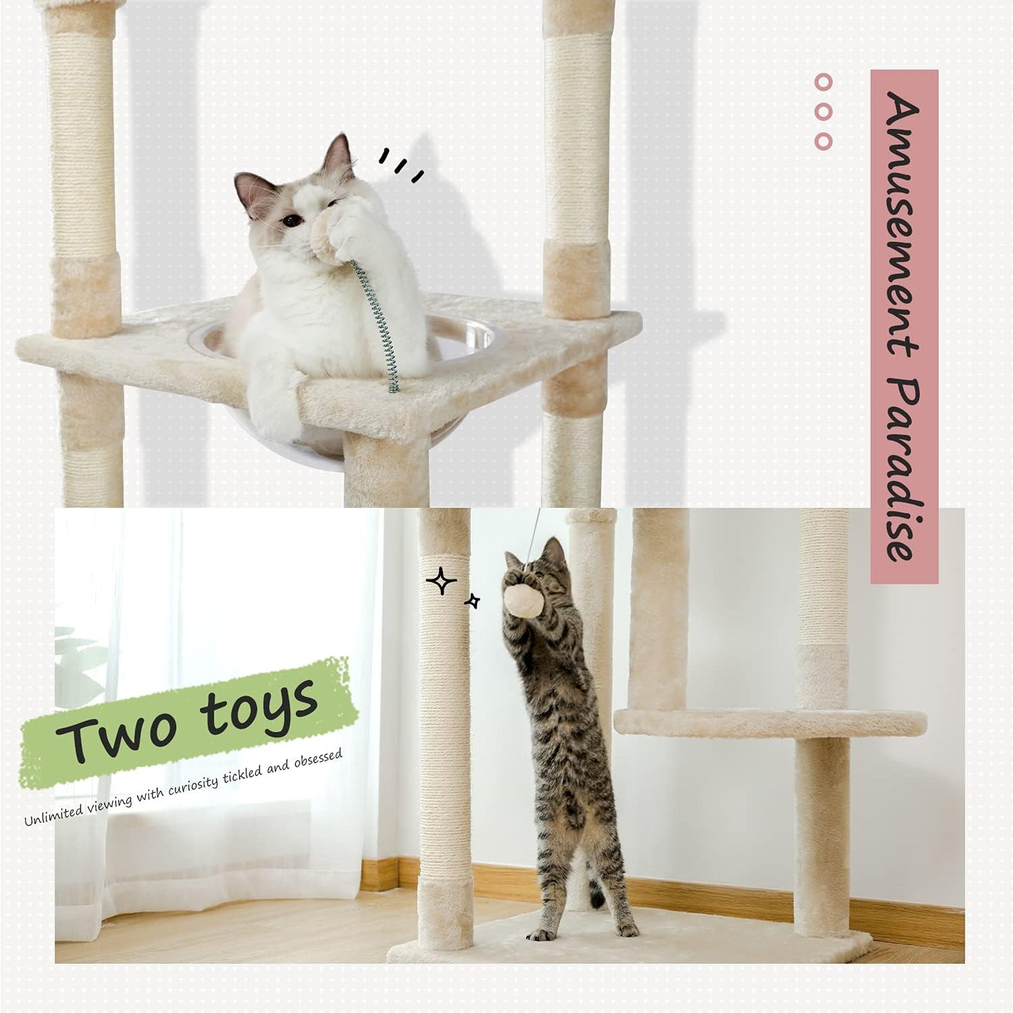 PEQULTI Floor to Ceiling Cat Tree 92.9’’-101.6’’ Height Adjustable Cat Tower Tall Kitty Climbing Play House with Scratching Posts, Cozy Condo, Perches and Large Hammock for Indoor Cats Beige