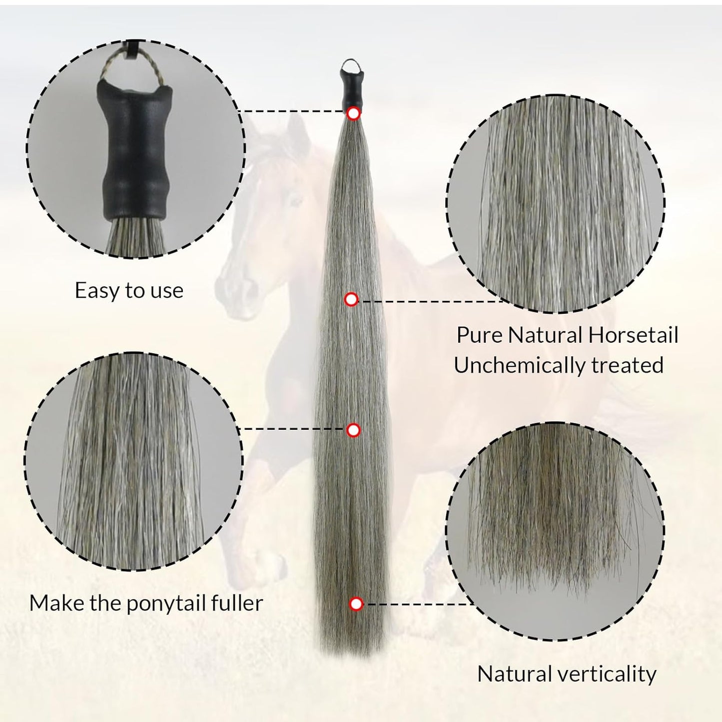 Horse Tail Extension with Braided Horsehair Loop, Blunt Cut Bottom, 3/8 lb, 28-30 inches (Medium gray)