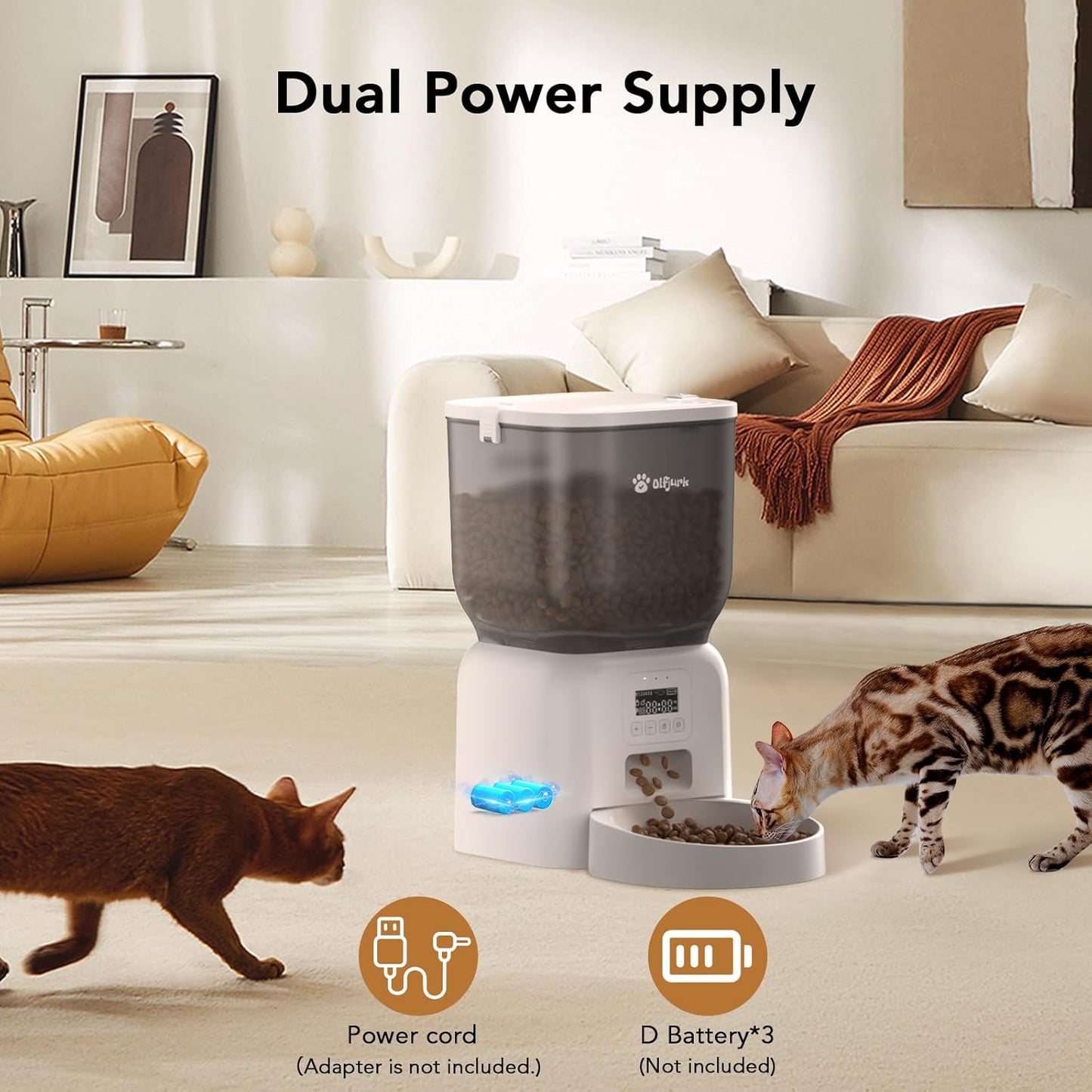 Automatic Dog & Cat Feeder, with Freshness Preservation, 4L Timed Cat Feeder with LCD Screen.Up to 6 Meals Per Day and 1-15 Portion for Cats & Dog (White)