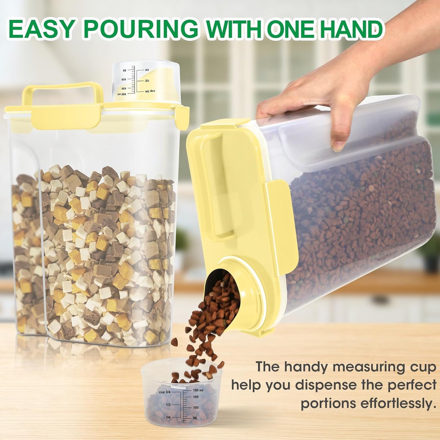 TBMax Pet Dog Cat Food Storage Container 5 to 7 lbs, Airtight Bird Seed Container with Large Spout & Cup, Cat Food Storage Dispenser for Kibble Dog Treat - Light Yellow