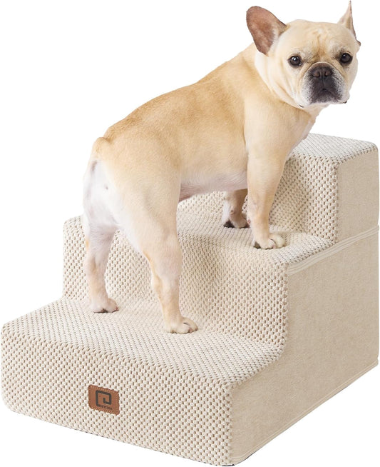 EHEYCIGA Dog Stairs for Small Dogs 13.5" H, 3-Step Dog Steps for Couch Sofa and Chair, Pet Steps for Medium Cats, Non-Slip Balanced Pet Ramp Indoor, Beige