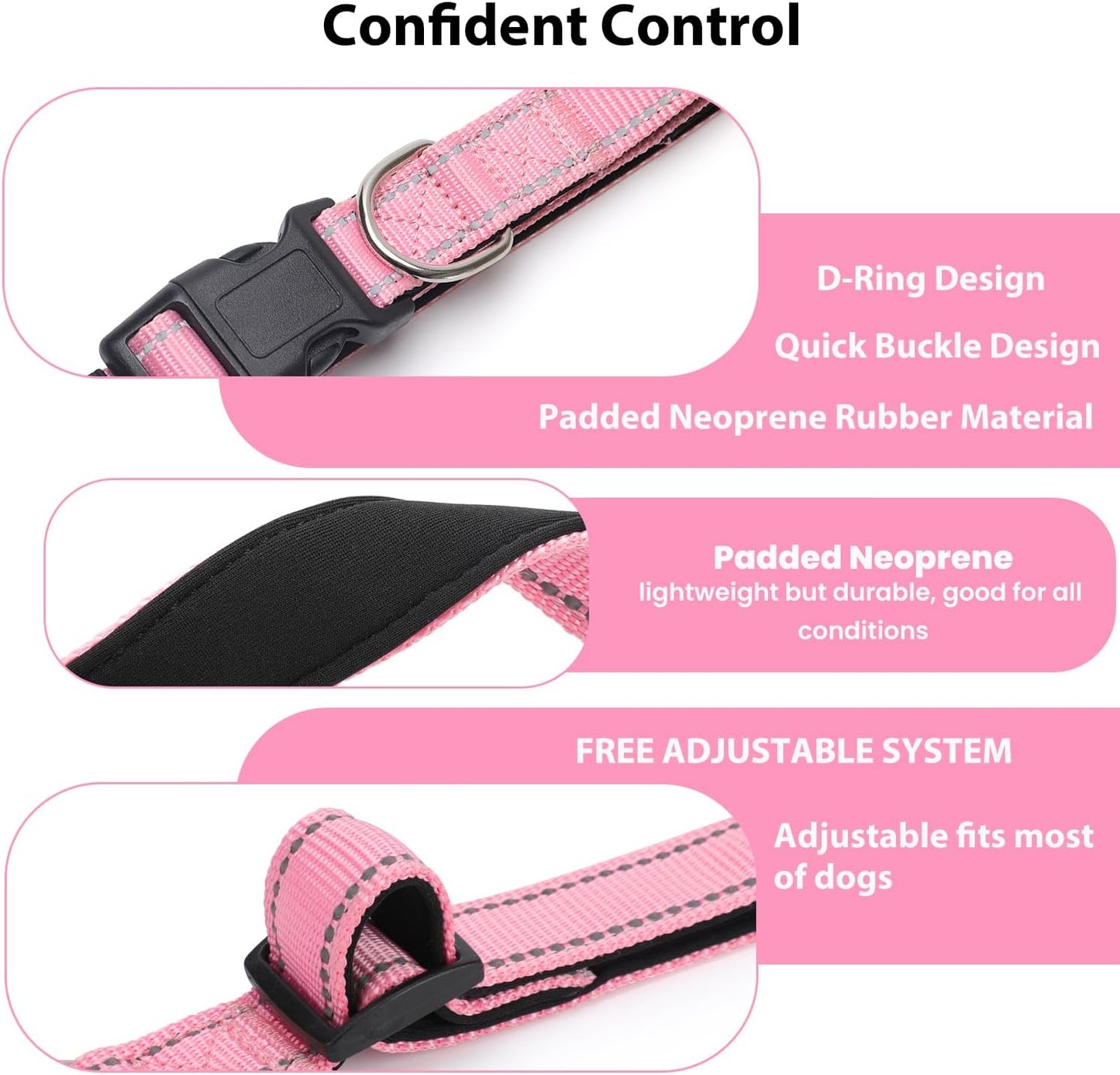 Reflective Dog Collar Padded with Soft Neoprene Breathable Quick Release Basic Dog Collars for Medium Dogs Pink Girl