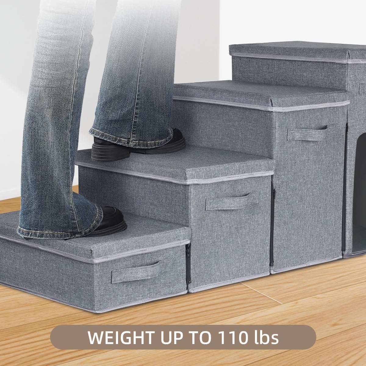 Dog Stairs with Storage, Folding Pet Steps with Zip for Small Dogs and Cats, 4-Step Pet Stairs with Pet House for High Bed, Couch and Car Ramp (Gray, 4 Steps with Condo)