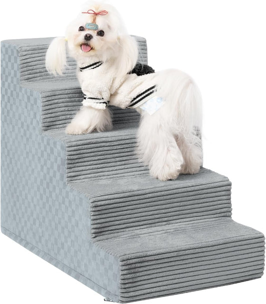 Dog Stairs for Small Dogs,22" H,5-Step Dog Steps for Bed and Couch with High Density Foam,Non-Slip Pet Steps for Doggy and Cat,Pet Stairs with a Washable Cover,Grey