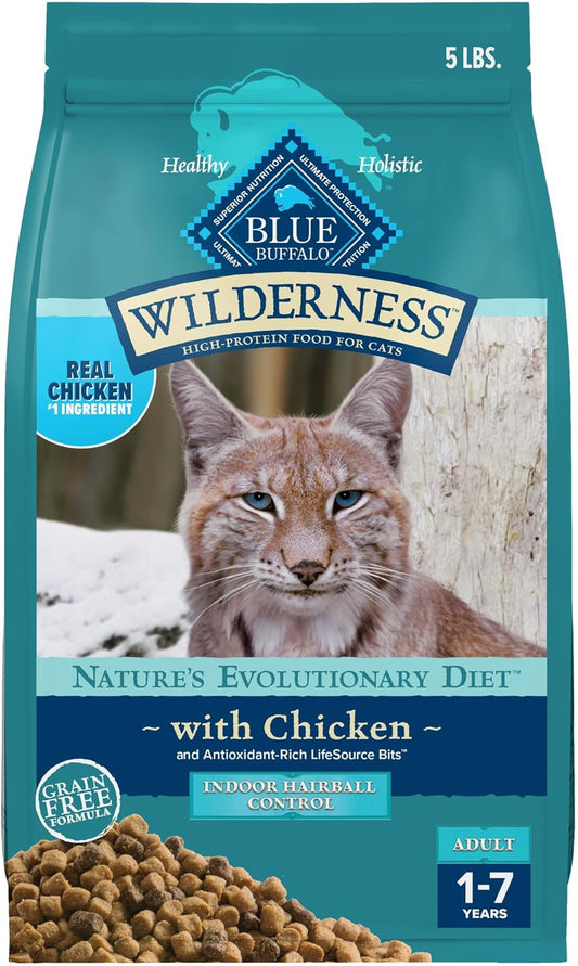 Blue Buffalo Wilderness High Protein Indoor Hairball Control Chicken Dry Cat Food for Adult Cats, Grain-Free, 5 lb. Bag
