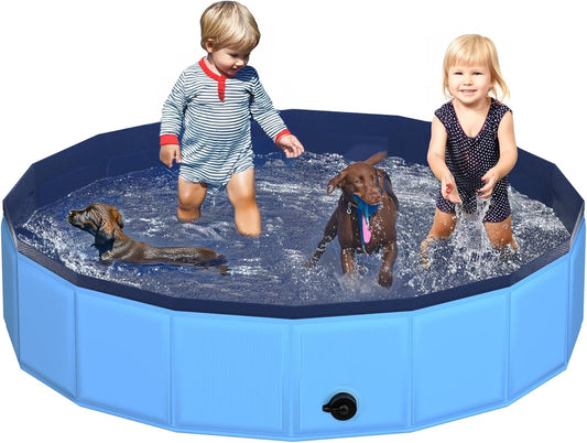 79" x 12" Foldable Dog Pool - Collapsible Hard Plastic Kiddie Pool for Dogs & Kids, Non-Slip Pet Bath Tub for Outdoor Backyard Use, Lightweight & Portable (Blue)
