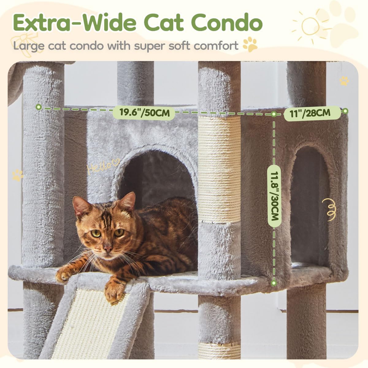 Taoqimiao 72 Inches Cat Tree for Large Cats, Multi-Level Tall Cat Tower, Widened Cat Condo with Large Scratch Board, 5 Scratching Posts, Metal Hammcock, Cozy Basket, Light Gray, MS045W