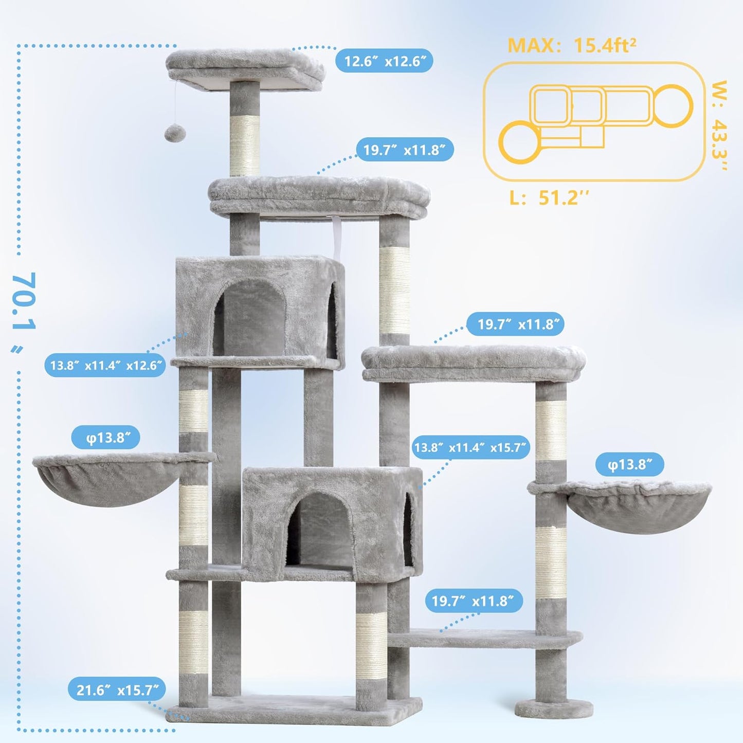 Hey-brother Cat Tree Tower, Scratching Posts with a Extended Part, Wide Platforms, Cozy Condos, Hammocks, Sisal Columns and Ball for Indoor Cats, 70.1 Inches, Light Gray MPJ038W
