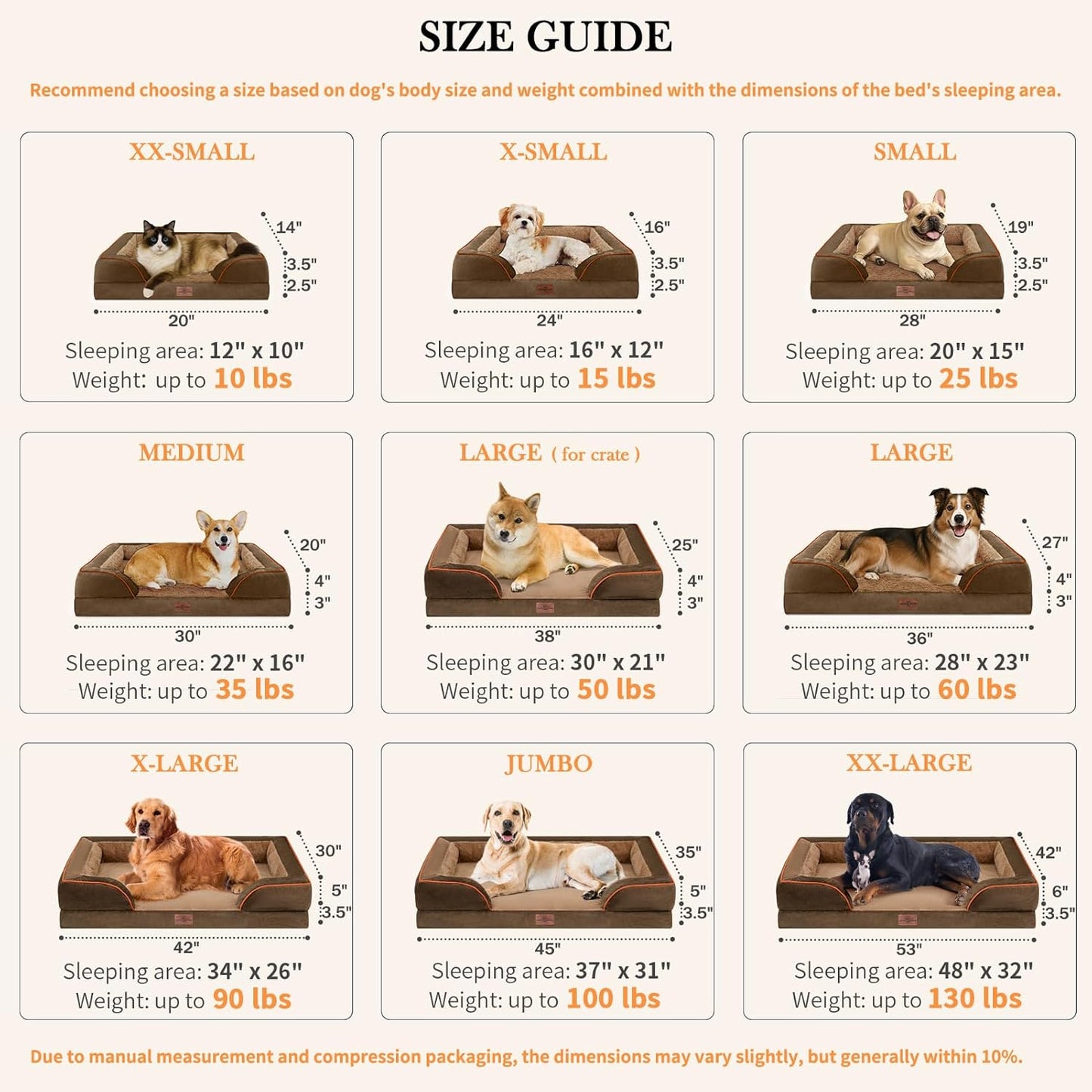 Comfort Expression Memory Foam Dog Beds, Washable Dog Bed Jumbo Breed, Orthopedic Dog Bed Waterproof Pet Sofa Couch with Bolster & Removable Cover(Jumbo,Khaki Brown)