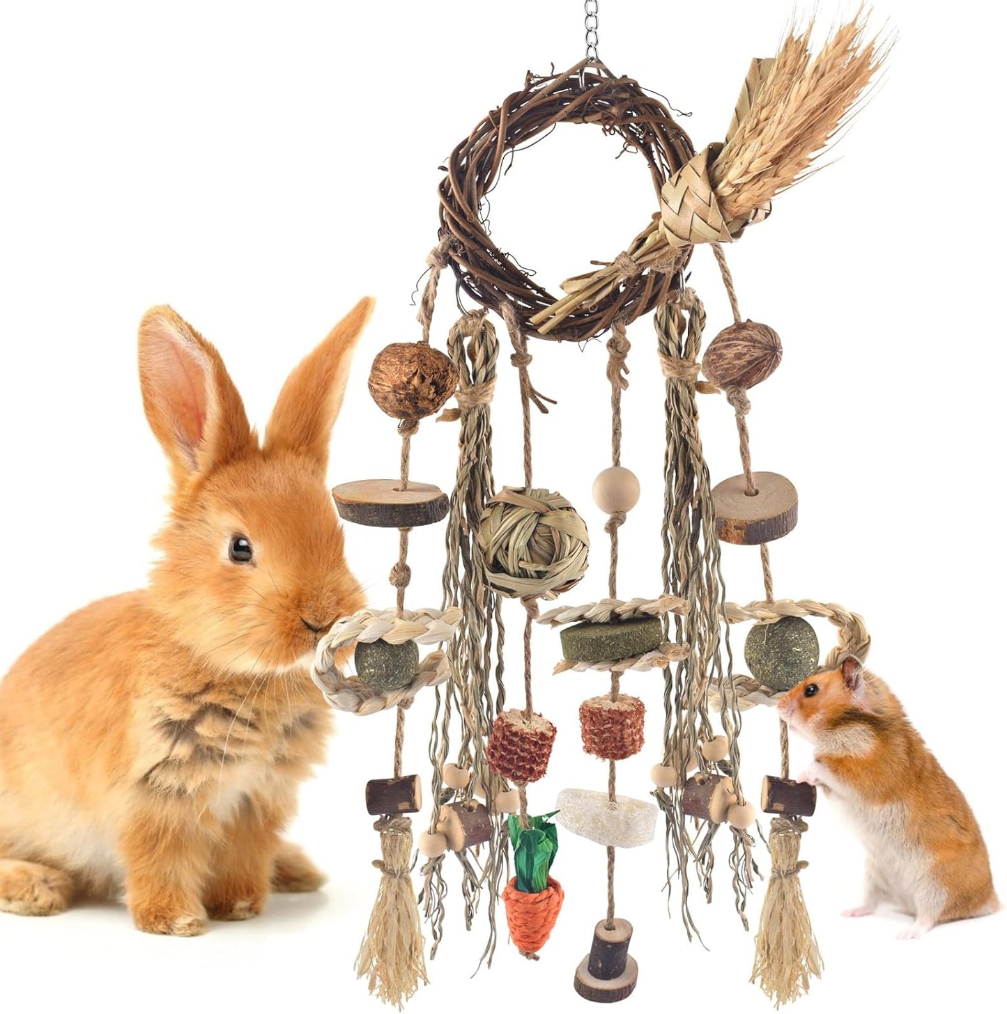Bissap Bunny Chew Toy, Rabbits Cage Hanging Chew Toys and Treats Rattan Ring with Snacks Water Grass Wooden Block Carrot for Guinea Pigs Chinchillas Hamsters Rats and Other Small Pets Teeth Grinding