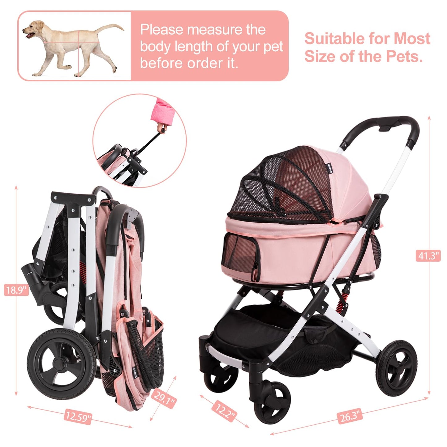 Pet Stroller for Medium Small Dog & Cat, Foldable Lightweight Dog Stroller with Storage Basket Pet Travel Carriage with Safety Leashes, 4 Wheel, Pink