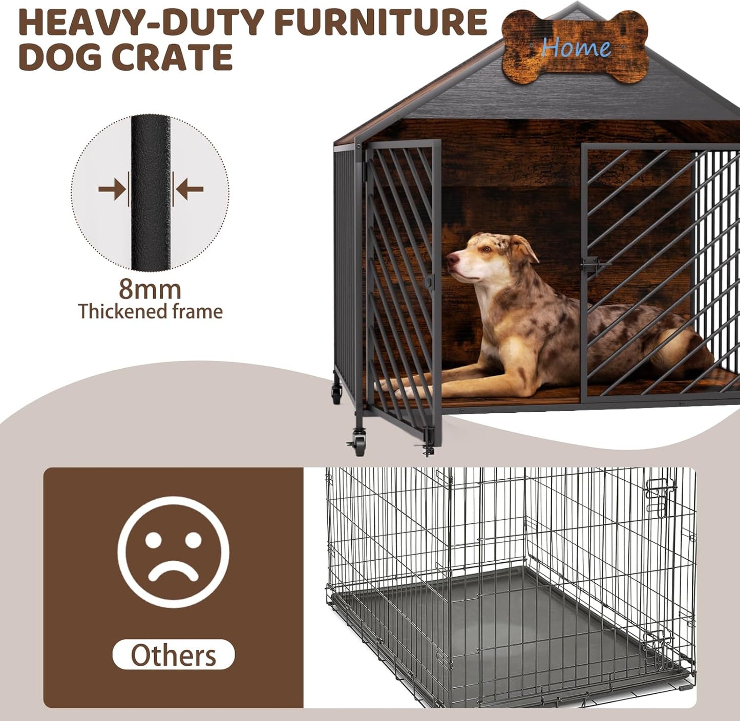 Heavy Duty Dog Crate Furniture for Large Breed - 39.4" Chew-Proof Kennel with Gable Roof, Double Door Escape-Proof Indoor Dog Cage, Rustic Brown