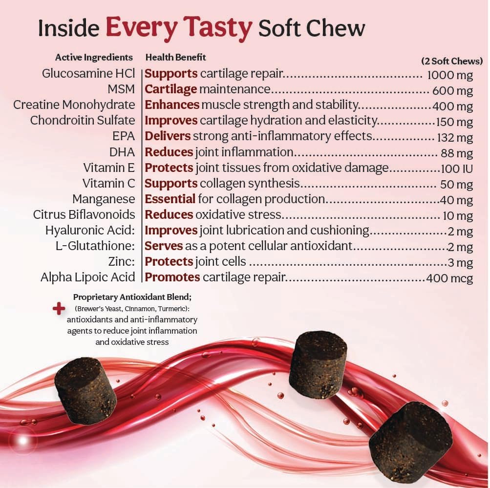 TS Joint Supplement Vet Formulated Pain & Inflammation Relief Treats Hip Dysplasia & Arthritis, Glucosamine, Chondroitin, Turmeric, MSM, HA, Creatine, Omega 3 EPA + DHA.120 Soft Chews