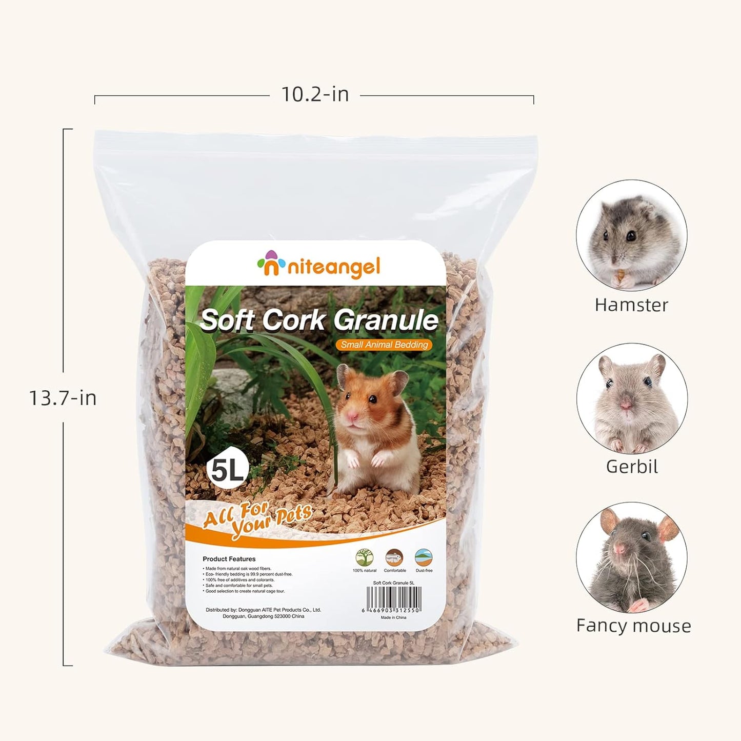 Niteangel Natural Coco/Cork Hamster Bedding Pet Litter for Dwarf Syrian Hamsters, Gerbils, mices, Degus or Other Small Animal