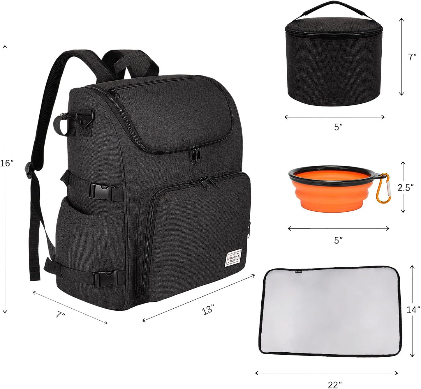 Modoker Dog Travel Bag Backpack, Airline Approved Pet Accessories Organizer for Dog and Cat with Shoulder Strap, 2 Dog Food Storage Containers, 2 Collapsible Dog Bowls,1 Pet Mat, Black