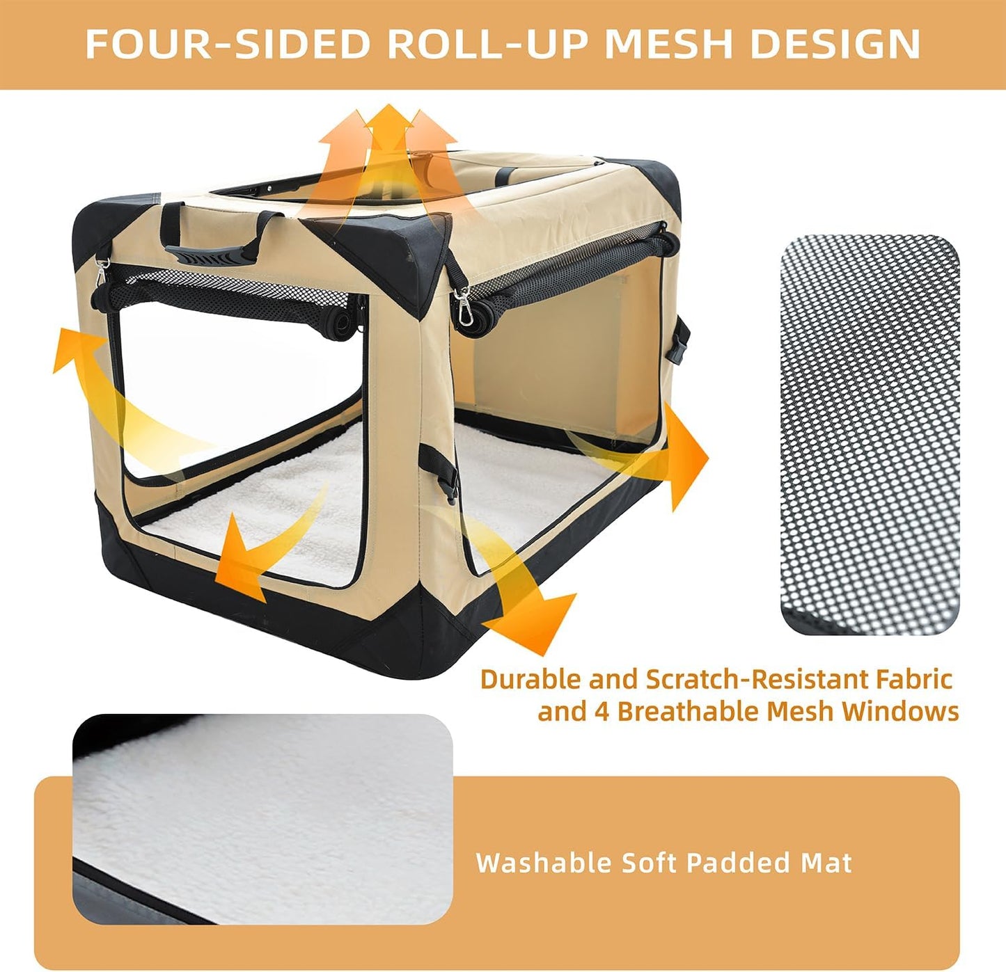 Pettycare 36 Inch Collapsible Dog Crate for Large Dogs, 4-Door Foldable Soft Dog Kennel with Chew Proof Mesh Windows, Indoor & Outdoor Travel Dog Crate, Beige