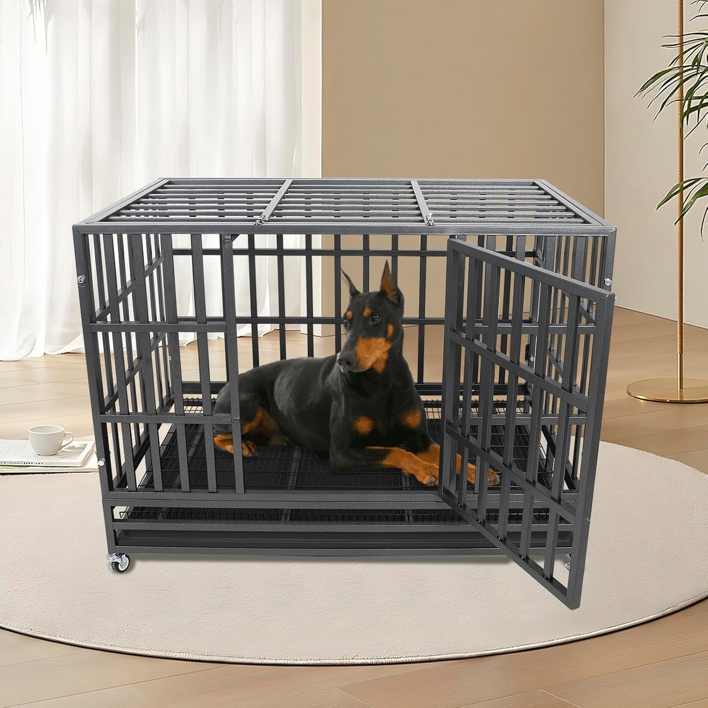 Confote 48" Heavy Duty Dog Crate Cage Kennel Metal Pet Crate Cage Indoor Outdoor Pet Kennel for Large Dogs with Removable Tray, Double Door