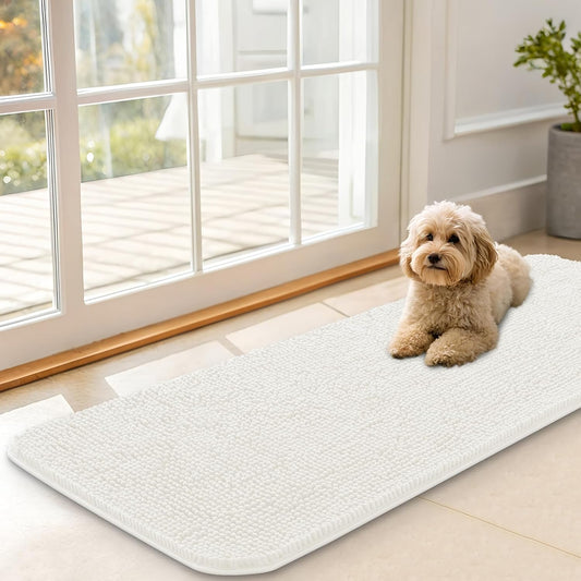 OLANLY Dog Door Mat for Muddy Paws 47x17, Absorbs Moisture and Dirt, Absorbent Non-Slip Washable Doormat, Quick Dry Chenille Mud Mat for Dogs, Entry Indoor Entryway Carpet for Inside Floor, Ivory