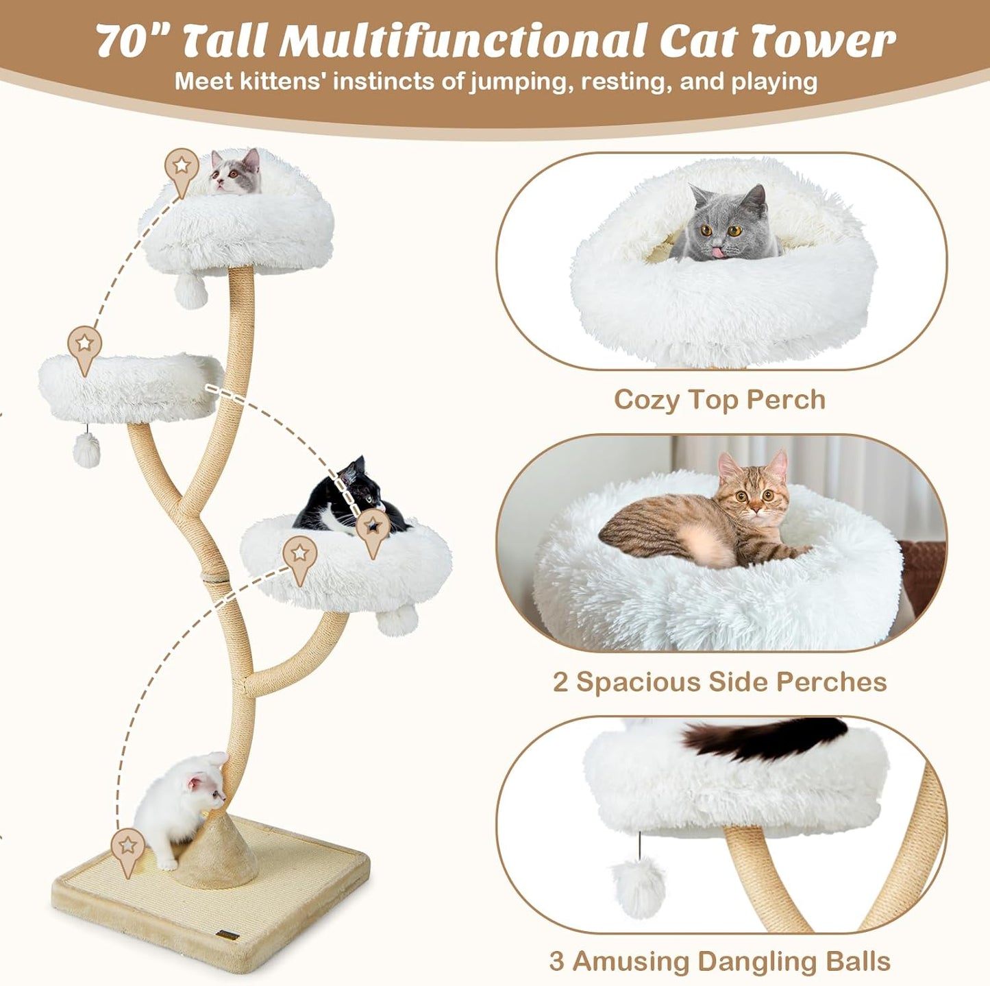 PETSITE 70" Tall Cat Tree, Cat Tower with Scratching Posts and Board, Multi-Level Cat Tower for Large Cats 20 lbs+ with 3 Cozy Perches and Dangling Balls, Modern Cat Tree for Indoor Cats Large Adult