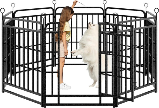 Dog Playpen Outdoor 8 Panels Heavy Duty Dog Fence 32" Height with Thick Pipe Anti-Rust with Doors Portable for RV Camping Yard, Total 18FT, 25 Sq.ft, Snowy Black
