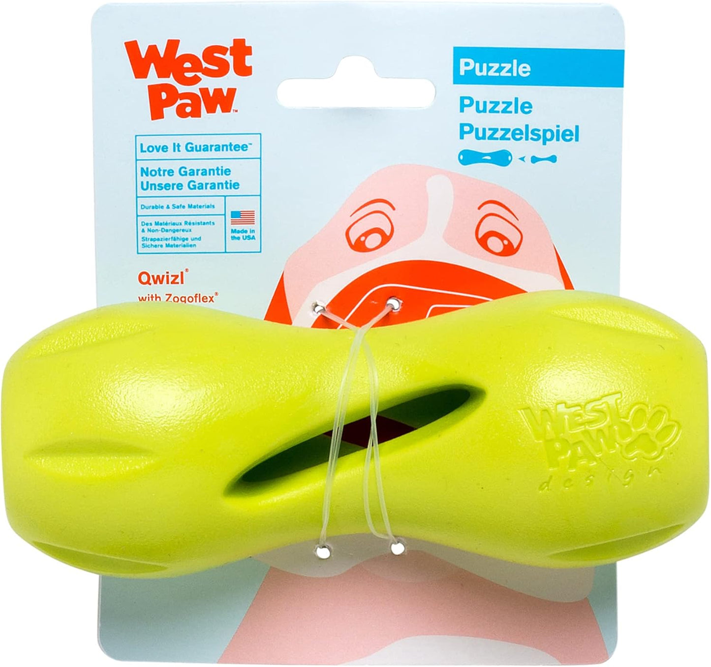 West Paw Zogoflex Qwizl Dog Puzzle Treat Toy – Interactive Chew Toy for Dogs – Dispenses Pet Treats – Brightly-Colored Dog Enrichment Toy for Aggressive Chewers, Fetch, Catch, Small 5.5", Granny Smith