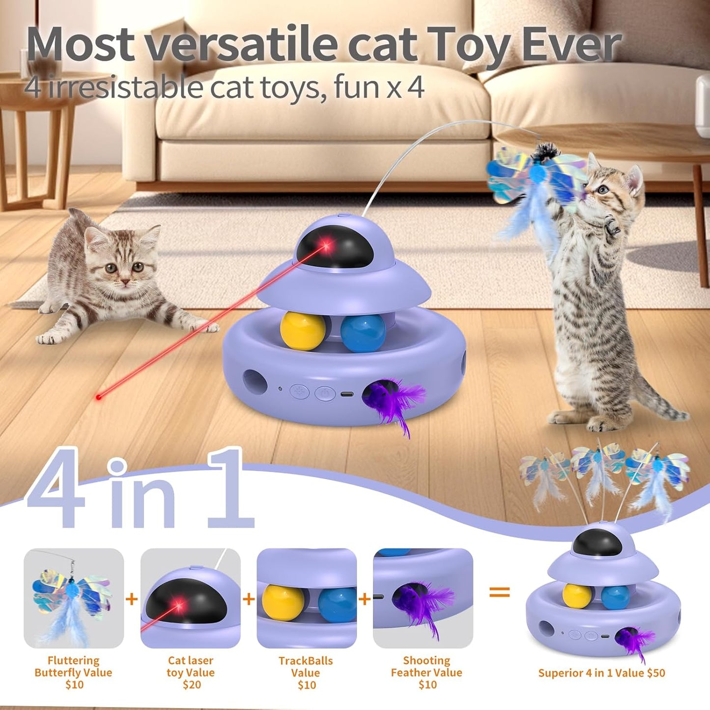 Cat Toy,Purple 4-in-1 Interactive,Cat Toys for Bored Indoor Adult Cats,Electric Flying Butterfly,Rechargeable Automatic Toy,Moving Ambush Feather,Track Balls