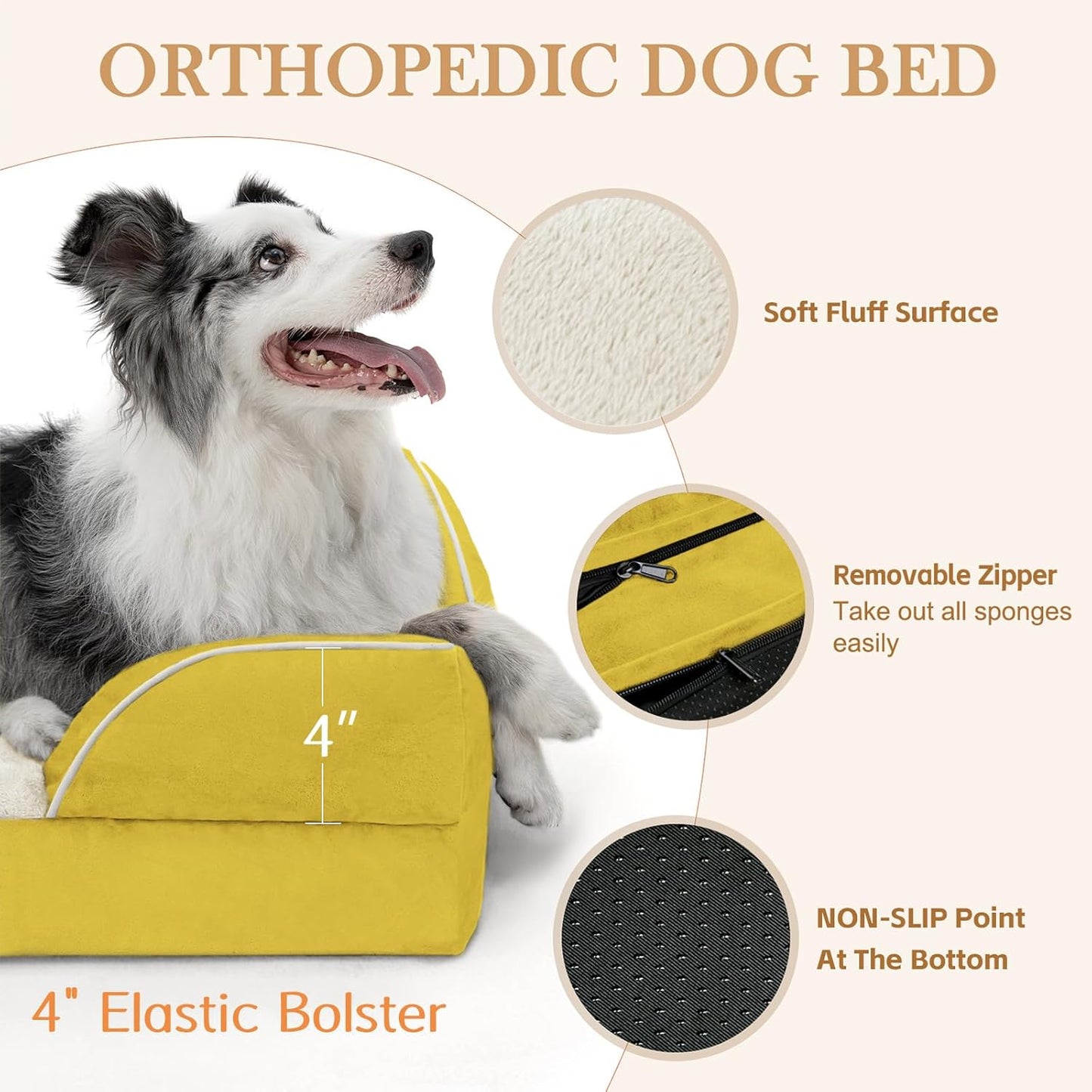 Comfort Expression Medium Dog Beds Waterproof Orthopedic Foam Dog Sofa Beds for Medium Large Dogs Comfy Pet Bed with Washable Removable Cover & Non-Slip Bottom(Medium,Spicy Mustard)