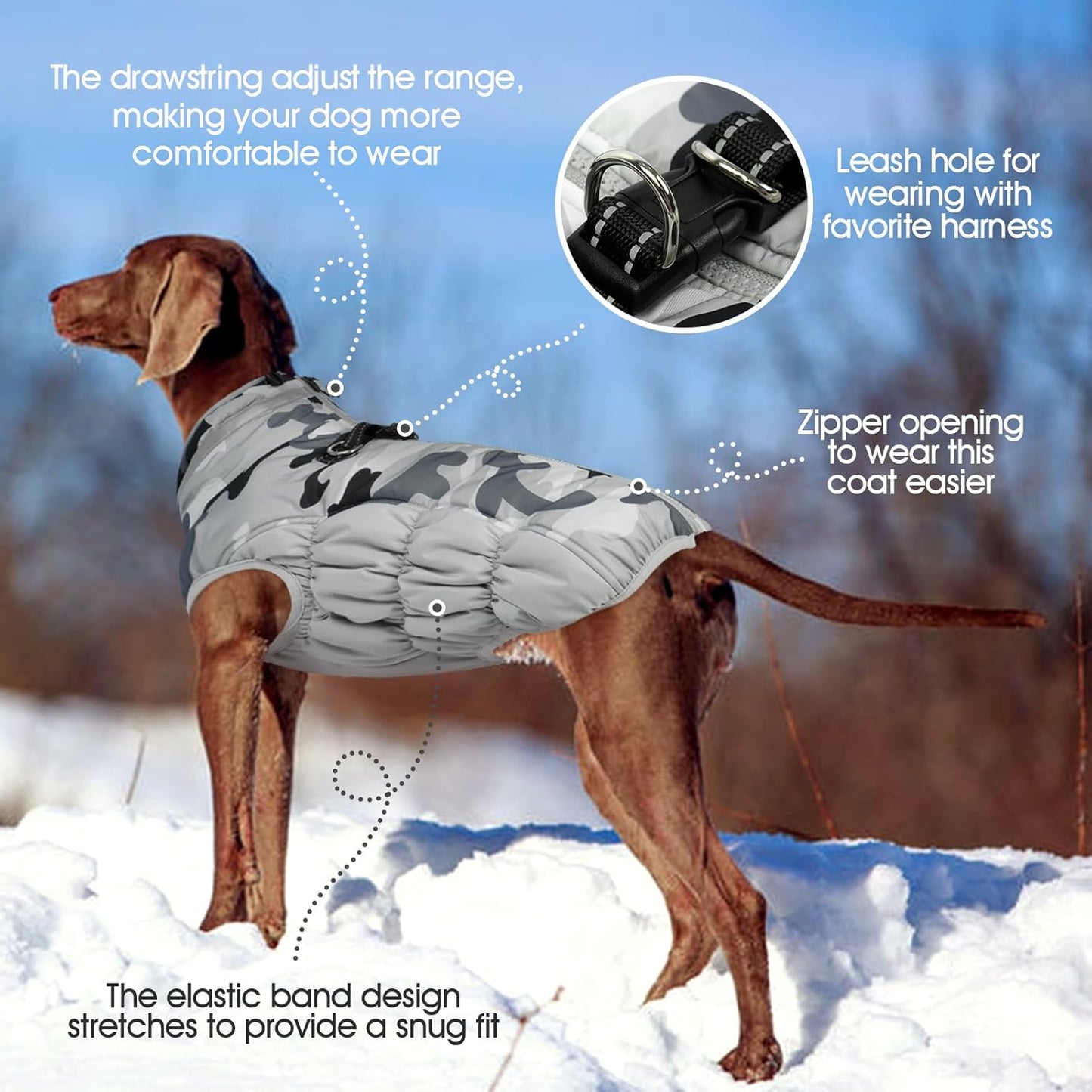 FUAMEY Dog Coat for Medium Dogs,Waterproof Dog Winter Jacket with Harness Built in Puppy Cold Weather Coats Reflective Pet Vest with Zipper Warm Fleece Dogs Snowsuit Windproof Grey Camo M