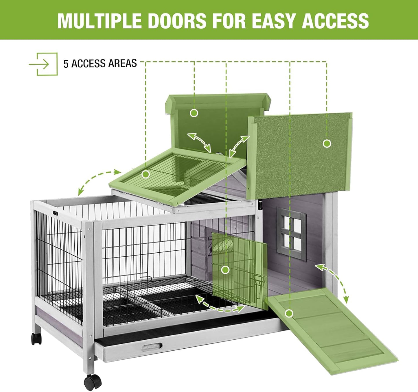 GUTINNEEN Rabbit Hutch Bunny Cage with Removable Wire Floor, Indoor/Outdoor Guinea Pig Cages with Leakproof Pull-Out Tray, 4 Lockable Wheels & Run Space