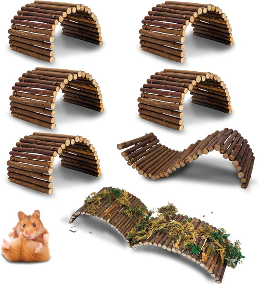 PINVNBY 8 PCS Hamster Wooden Ladder Bridge Tunnel Hide, Hamster Cage Accessories for Chinchillas Guinea Pigs Mouse Rat Ferre, Rodents Natural Hideout for Small Animals