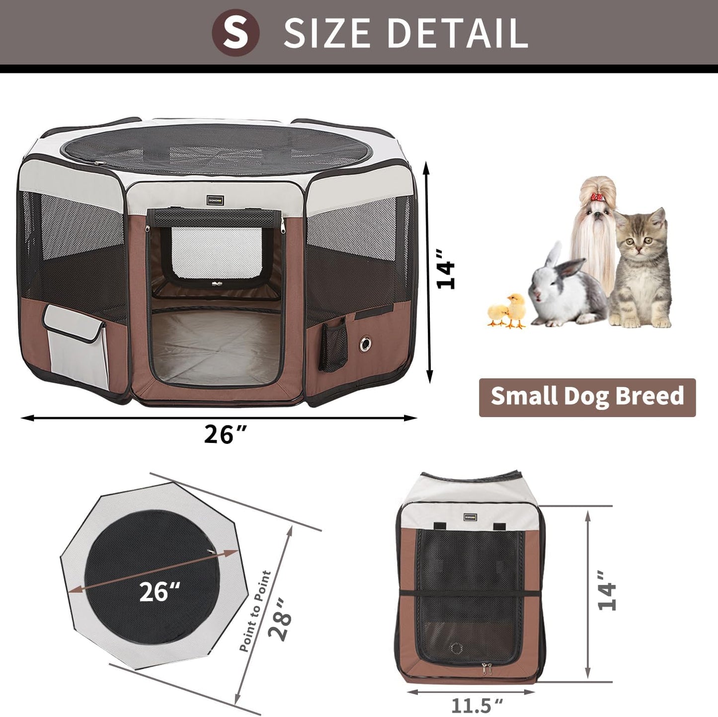 DONORO Dog Playpen Portable Pet Play Pens for Small Dog/Cat/Rabbit/Chicks, Cat Playpen Indoor/Outdoor with Carring Case, Removable Zipper Top and Bottom (Brown, Small (28"x28"x14"), 8)