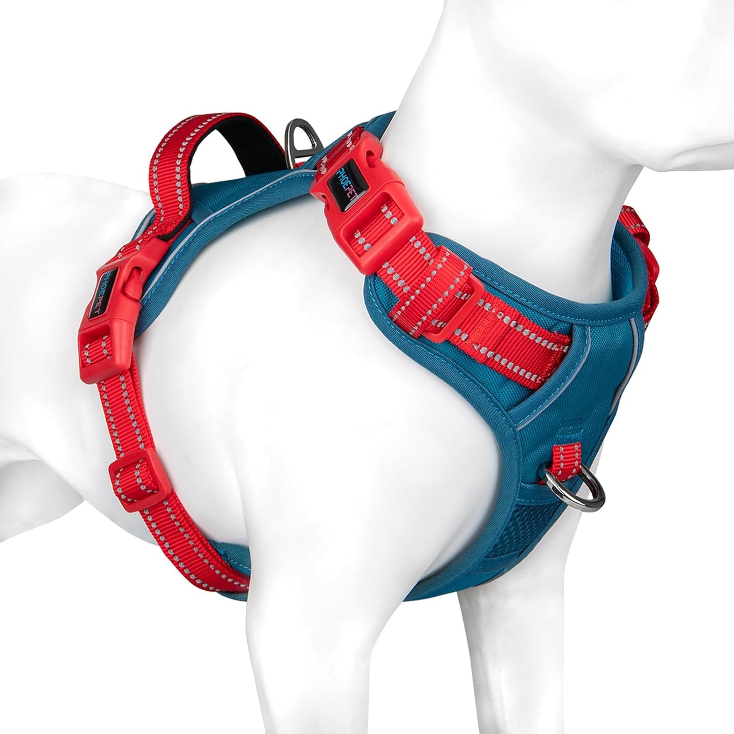 PHOEPET No Pull Dog Harness, Unique Colors Reflective Adjustable Dog Vest, with Soft Training Handle Metal Clips for Small Medium Large Dogs (Teal Base & Red Straps,XL)