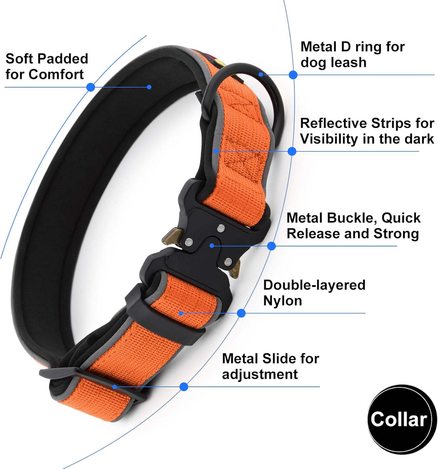 Plutus Pet Tactical Dog Collar, Reflective, Adjustable Heavy Duty Dog Collar, Soft Padded and Comfortable, for Small Medium and Large Dogs (Orange, XL)