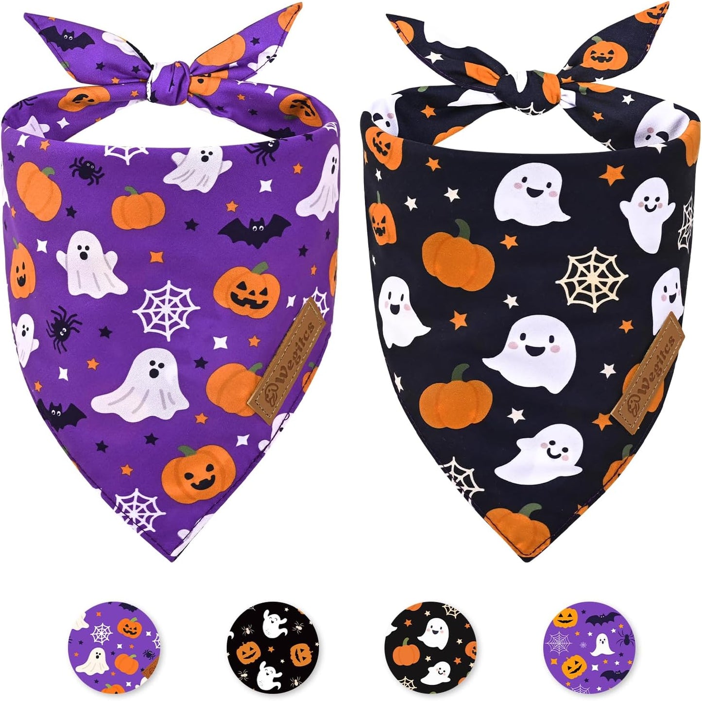 2 Pack Halloween Dog Bandanas,Leather Brand Logo, Double-Layed Soft Skin-Friendly Fabric, Autumn Scarf Accessory for Boys & Girls,Suitable for Halloween, Daily Walks & Family Outings