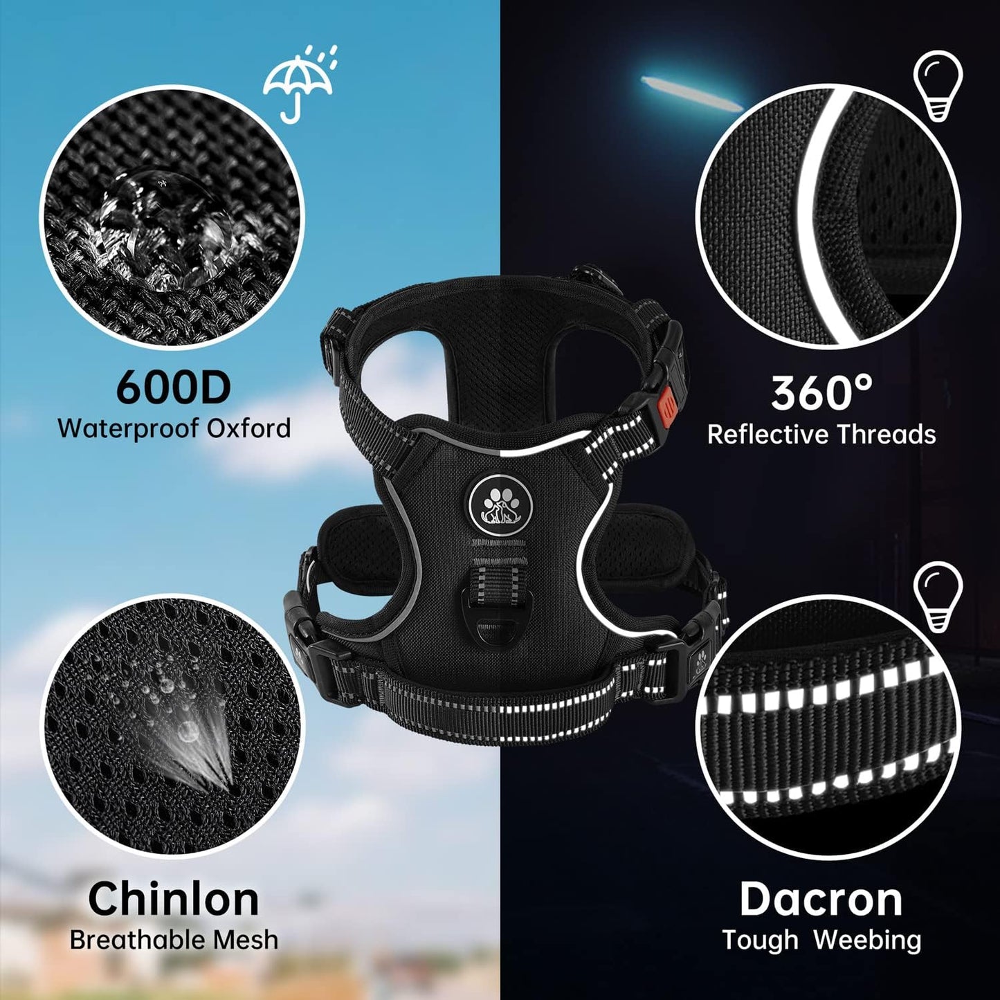 NESTROAD No Pull Dog Harness,Adjustable Oxford Dog Vest Harness with Leash,Reflective No-Choke Pet Harness with Easy Control Soft Handle for Large Dogs(Large,Black)